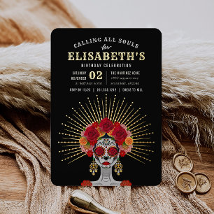 Glam Skeleton Day of the Dead Theme Birthday Party Folie Uitnodiging