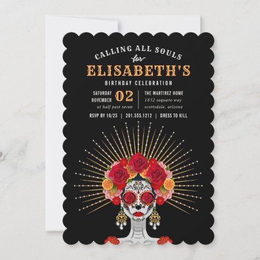 Glam Skeleton Day of the Dead Theme Birthday Party Kaart (Voorkant)