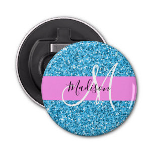 Glam Sky Blue Pink Glitter Sparkles Naam Monogram Button Flesopener