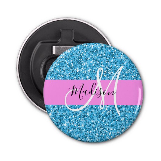 Glam Sky Blue Pink Glitter Sparkles Naam Monogram Button Flesopener (Voorkant)