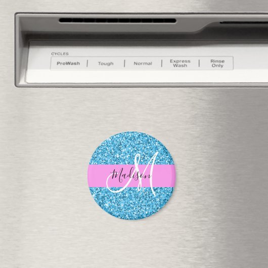 Glam Sky Blue Pink Glitter Sparkles Naam Monogram Magneet (Insitu (Vaatwasser))