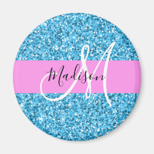 Glam Sky Blue Pink Glitter Sparkles Naam Monogram Magneet