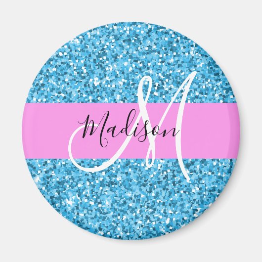 Glam Sky Blue Pink Glitter Sparkles Naam Monogram Magneet (Voorkant)
