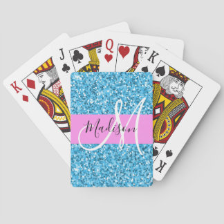 Glam Sky Blue Pink Glitter Sparkles Naam Monogram Pokerkaarten