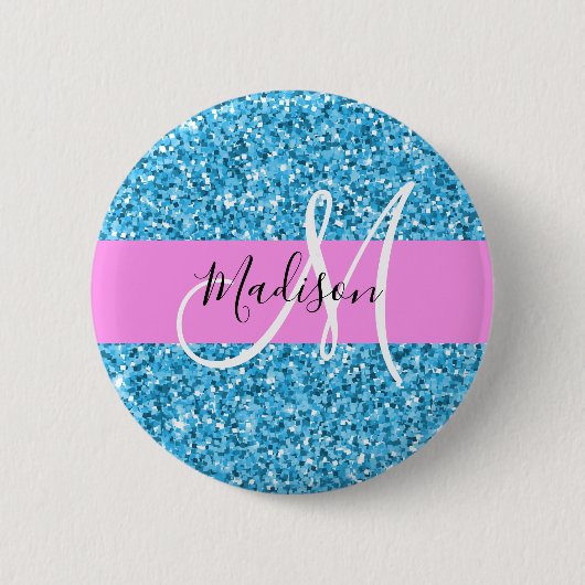Glam Sky Blue Pink Glitter Sparkles Naam Monogram Ronde Button 5,7 Cm (Voorkant)