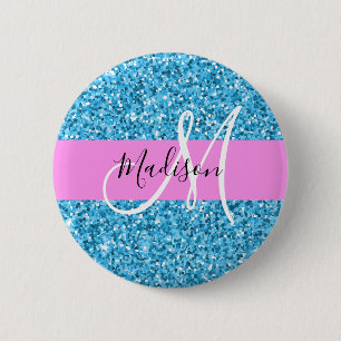 Glam Sky Blue Pink Glitter Sparkles Naam Monogram Ronde Button 5,7 Cm