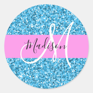 Glam Sky Blue Pink Glitter Sparkles Naam Monogram Ronde Sticker
