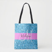 Glam Sky Blue Pink Glitter Sparkles Naam Monogram Tote Bag (Voorkant)