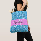Glam Sky Blue Pink Glitter Sparkles Naam Monogram Tote Bag (Dichtbij)
