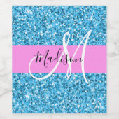 Glam Sky Blue Pink Glitter Sparkles Naam Monogram Wijn Etiket (Enkel label)