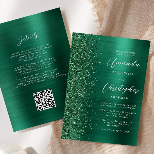 Glam Smaragdgroen Geborsteld Metaal QR Code Bruilo Kaart
