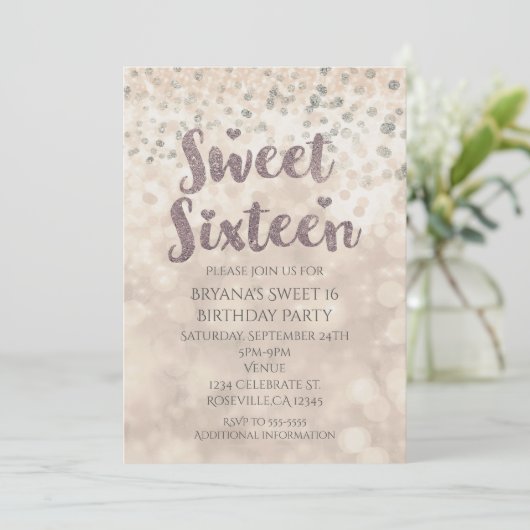Glam Sparkle Confetti Sweet 16 Verjaardagsuitnodig Kaart (Staand voorkant)