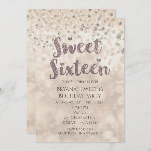Glam Sparkle Confetti Sweet 16 Verjaardagsuitnodig Kaart (Voorkant / Achterkant)