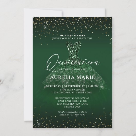 Glam Sparkle Goud Groen Prinses Jurk Quinceanera Kaart (Voorkant)