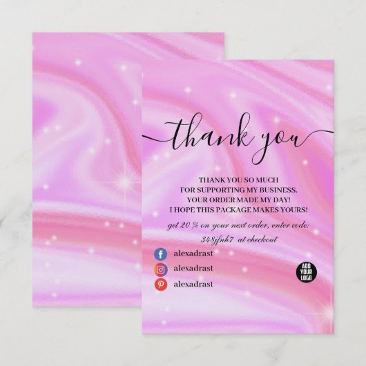 Glam Sparkle Holographic Roze Bedankkaart (Voorkant / Achterkant)