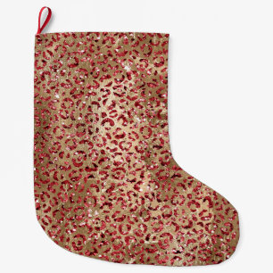Glam Sparkle Red Glitter Gold Luipaard Print Grote Kerstsok