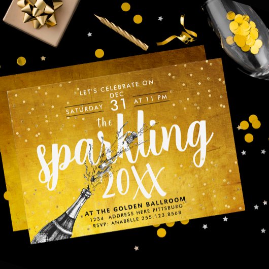 Glam Sparkling Champagne Goud Nieuwjaar Party Invi Kaart