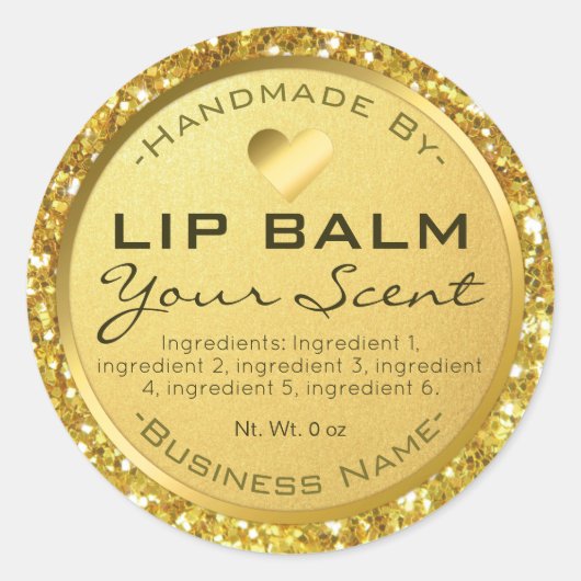 Glam Sparkly Gold Glitter Lip Balm Ronde Sticker (Voorkant)