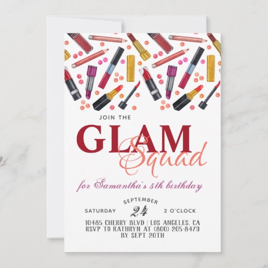 Glam Squad make-up verjaardagsuitnodiging Kaart (Voorkant)