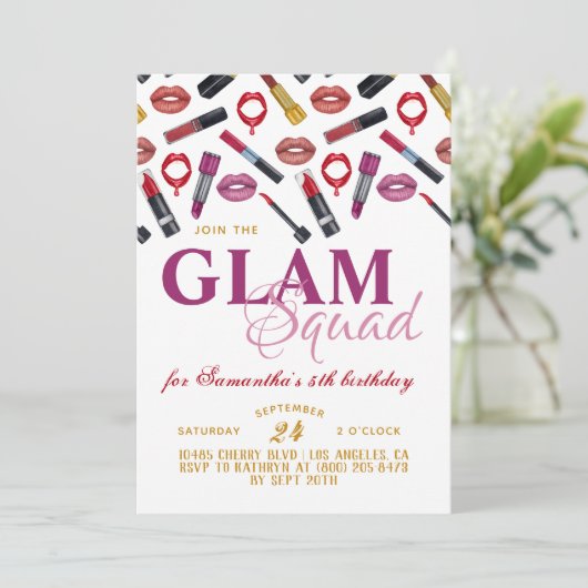 Glam Squad Makeup Birthday Uitnodiging (Staand voorkant)