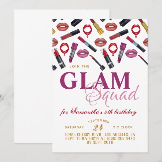 Glam Squad Makeup Birthday Uitnodiging (Voorkant / Achterkant)