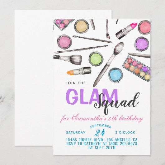 Glam Squad Makeup Birthday Uitnodiging (Voorkant / Achterkant)