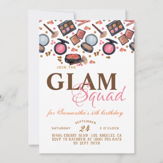 Glam Squad Makeup Birthday Uitnodiging (Voorkant)