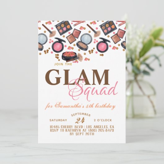 Glam Squad Makeup Birthday Uitnodiging (Staand voorkant)