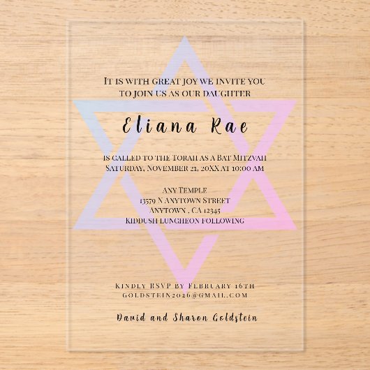 Glam Star of David Elegant Bat Mitswa Uitnodiging (Voorkant)