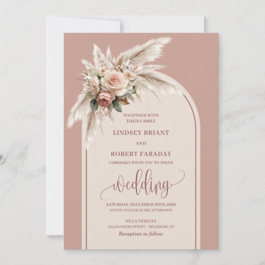 Glam Stof Roze Pampas Bloemen Trouw Uitnodiging (Voorkant)