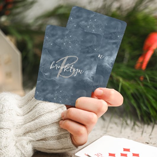 Glam Stofblauw Stardust Wervel Schrift Monogram Pokerkaarten
