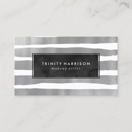 Glam Stripes | Chic Silver Foil look Visitekaartje (Voorkant)
