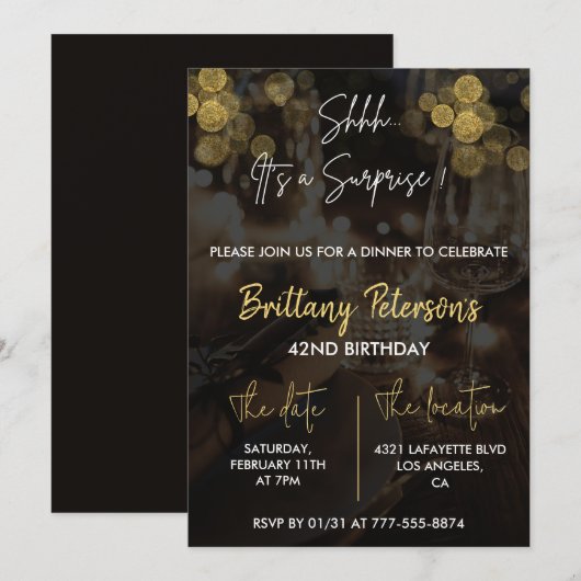 Glam Surprise 42e verjaardag uitnodigingen Glitter (Voorkant / Achterkant)