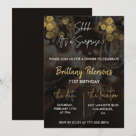 Glam Surprise 71e verjaardag uitnodigingen Glitter (Voorkant / Achterkant)