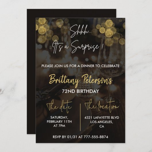 Glam Surprise 72e verjaardag uitnodigingen Glitter (Voorkant / Achterkant)