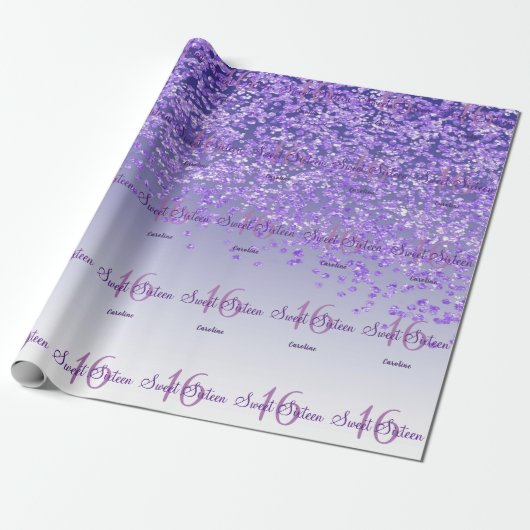 Glam Sweet 16 Falling Paarse Glitter Cadeaupapier (Uitgerold)