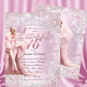 Glam Sweet 16 Roze Zilver Winter Wonderland Tiara  Kaart