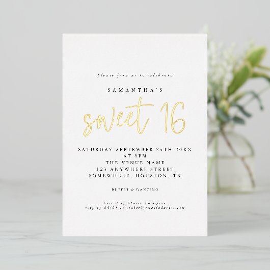 Glam Sweet 16 Verjaardagsfeest Script Echt Folie I Uitnodiging (Staand Voorkant)