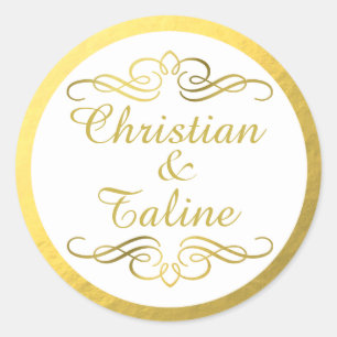 Glam Swirly Flourish Gold Foil Outline Bruiloft Ronde Sticker