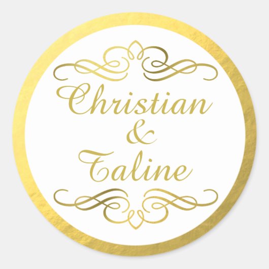 Glam Swirly Flourish Gold Foil Outline Bruiloft Ronde Sticker (Voorkant)