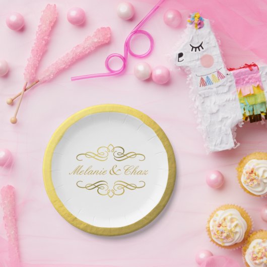 Glam Swirly Flourish Gold Foil Outline Weddenschap Papieren Bordje (Feest)