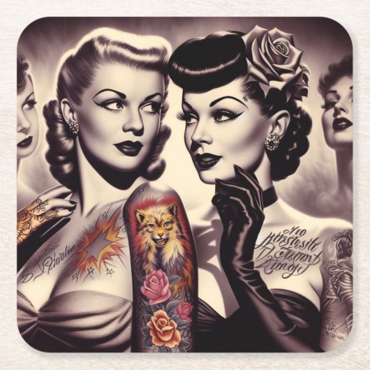Glam Tattoo Pinups Kartonnen Onderzetters (Voorkant)