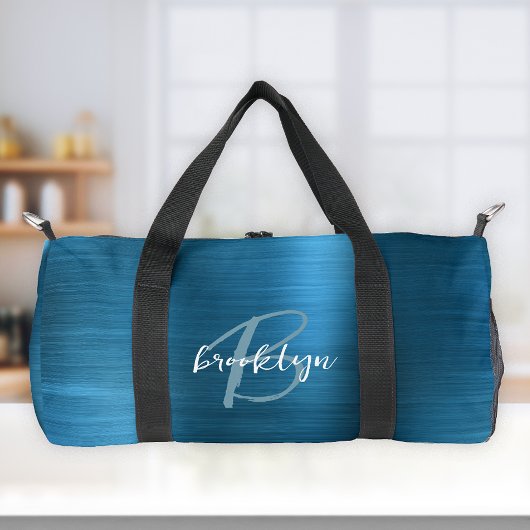 Glam Teal Blau Geborsteld Metaal Witte Monogram Plunjezak