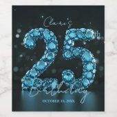 Glam Teal Blue 3D Bubble Gems 25th Birthday Wijn Etiket (Enkel label)