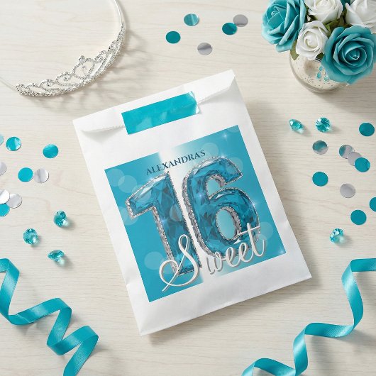 Glam Teal Blue Diamonds Sweet 16 Birthday Party Bedankzakje