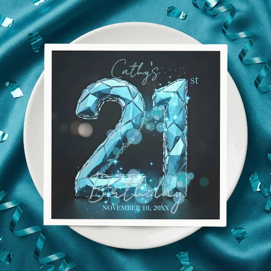 Glam Teal Blue Faceted Crystal 21st Birthday Party Servet