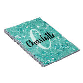 Glam Teal Mint Nep Glitter Glans Monogram Naam Notitieboek (Rechterzijde)