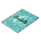 Glam Teal Mint Nep Glitter Glans Monogram Naam Notitieboek (Linkerzijde)