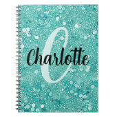 Glam Teal Mint Nep Glitter Glans Monogram Naam Notitieboek (Voorkant)