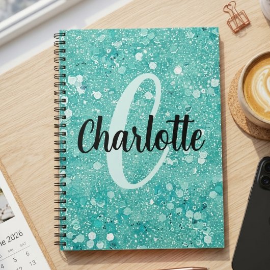 Glam Teal Mint Nep Glitter Glans Monogram Naam Notitieboek